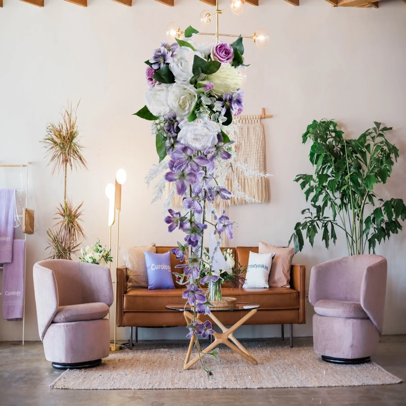 silk-flower-teardrop-wedding-bouquet-white-purple-tassel-for-bridal-shower-reception-decor
