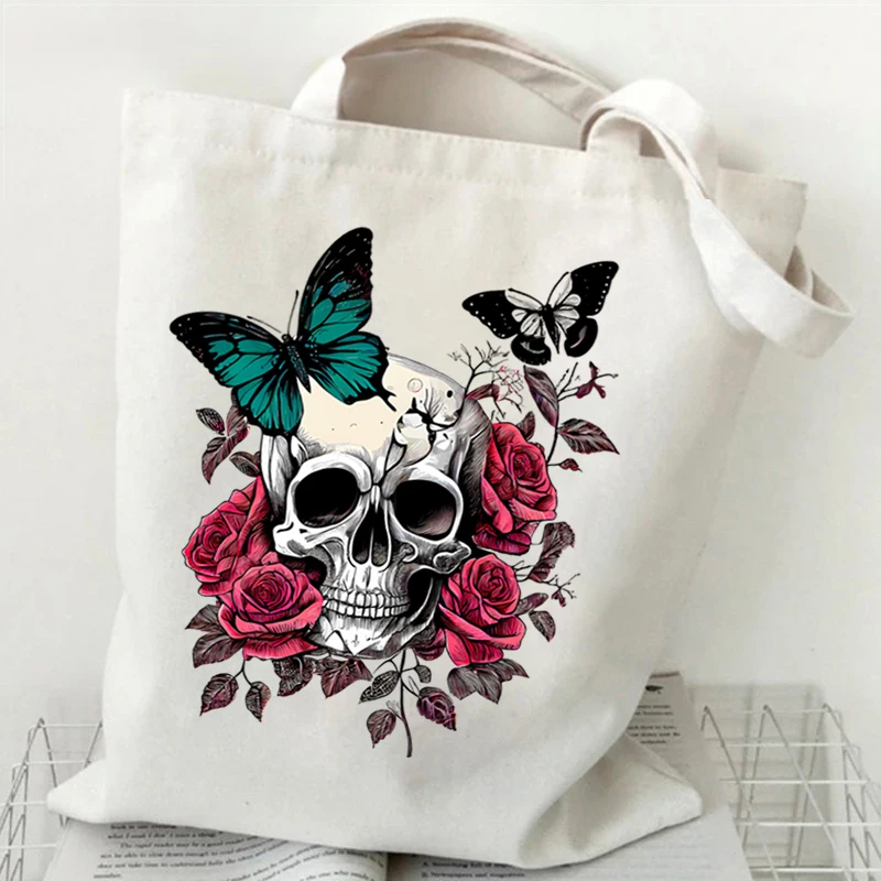 Skeleton Flower Pattern Canvas Shoulder Bag Vintage Flower Butterfly Print Tote Bags Retro Skull Butterfly Print Women\'s Handbag