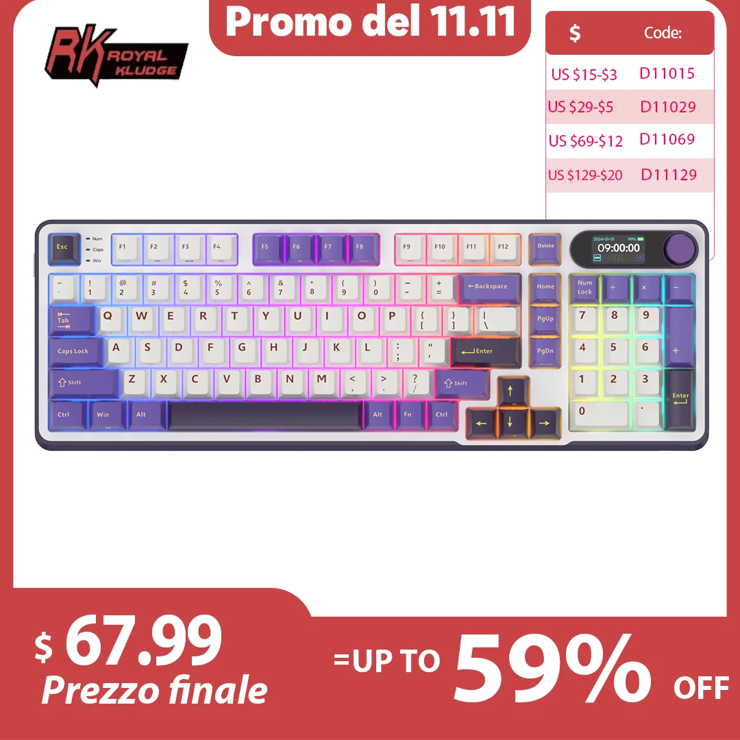 

RK ROYAL KLUDGE S98 Беспроводная геймерская клавиатура с верхним креплением TFT-экран Трехрежимная механическая клавиатура 98 клавиш RGB с подсветкой и возможностью горячей замены