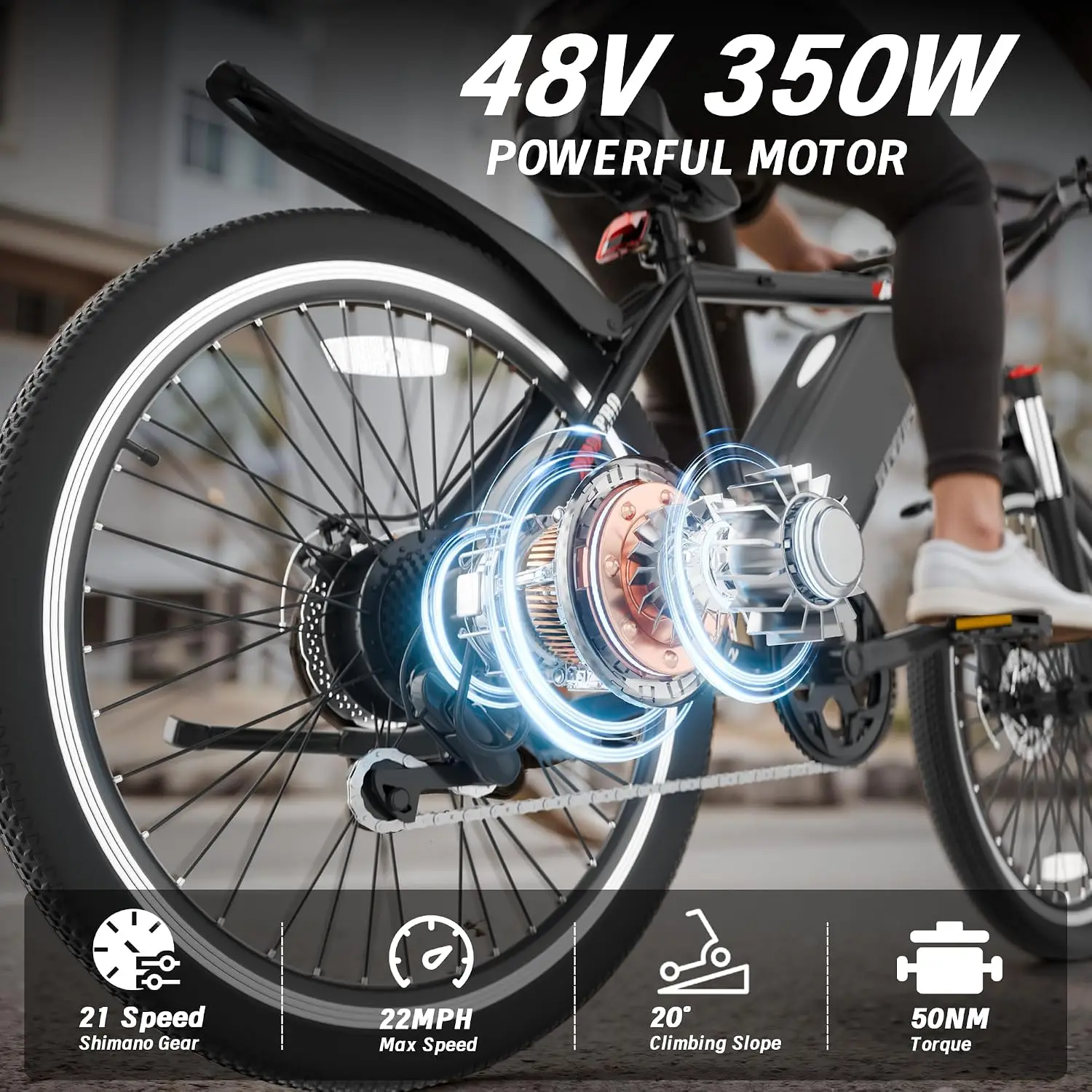 26'' Electric Mountain Bike 20-60 Miles 22MPH 48V Removable Battery Adjustable Stem Fenders Lockable Suspension Fork, Customized