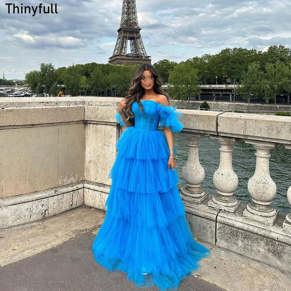 

Thinyfull A-line Tulle Prom Dresses Off Shoulder Tiered Evening Gowns Vestidos De Noche 2023 Saudi Arabic Women Party Dresses