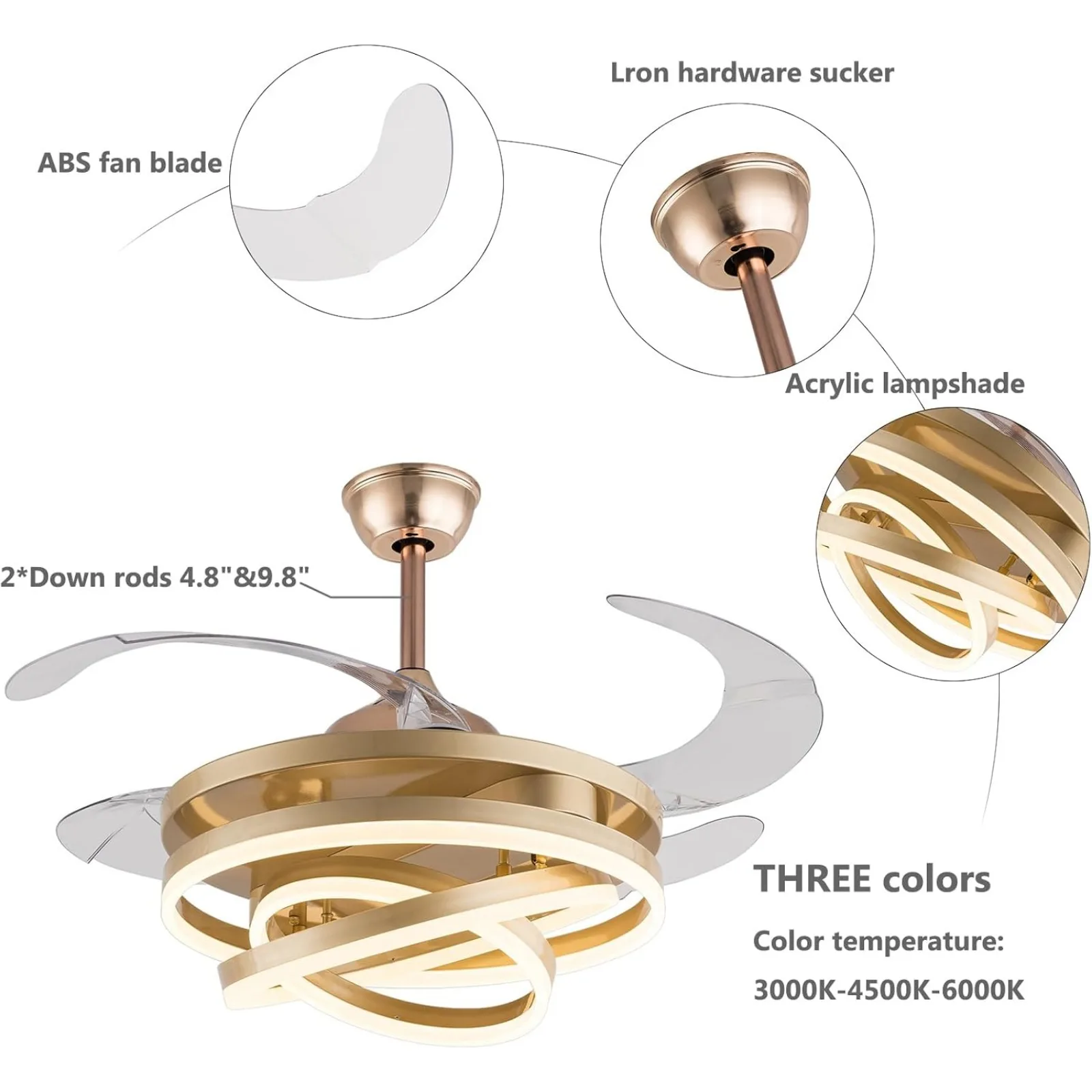 42 Inch Ceiling Fan Light with Remote Control, Retractable Chandelier Ceiling Fan Light 6 Levels of Wind Speed for Home Office