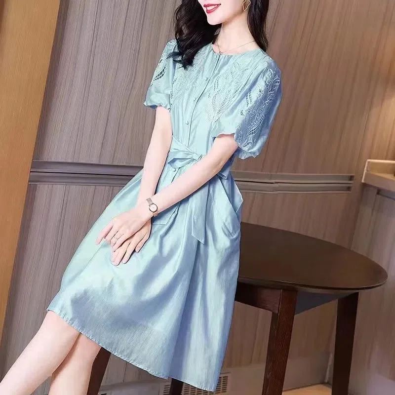 Summer Women Dress 2022 New French Temperament Vintage Matching Age-Reducing Bubble Sleeve a Word Waist Closed Puffy Skirt Dress