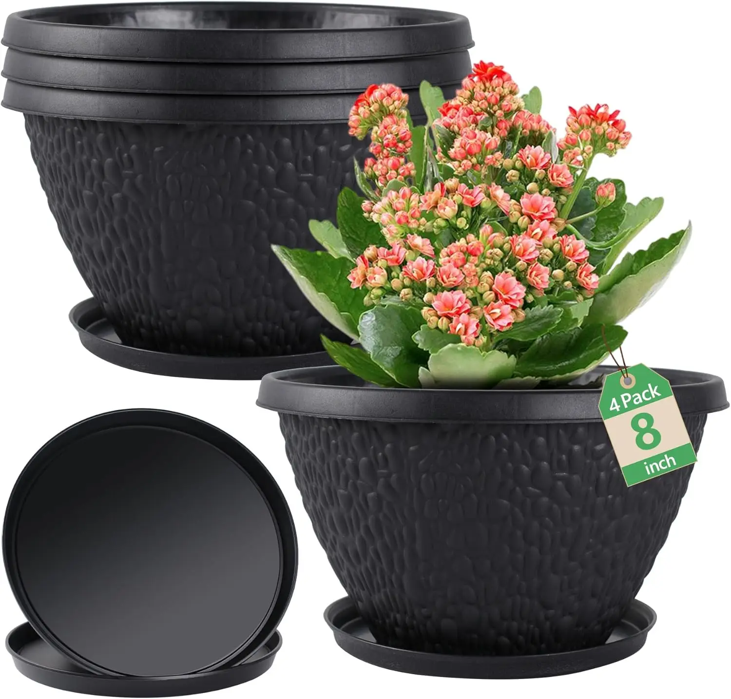 

4 Pack 8 Inch Plant Pots with Drainage Holes & Saucers, Durable Plastic Flower Planters for Indoor Outdoor, Black Pebbles Design