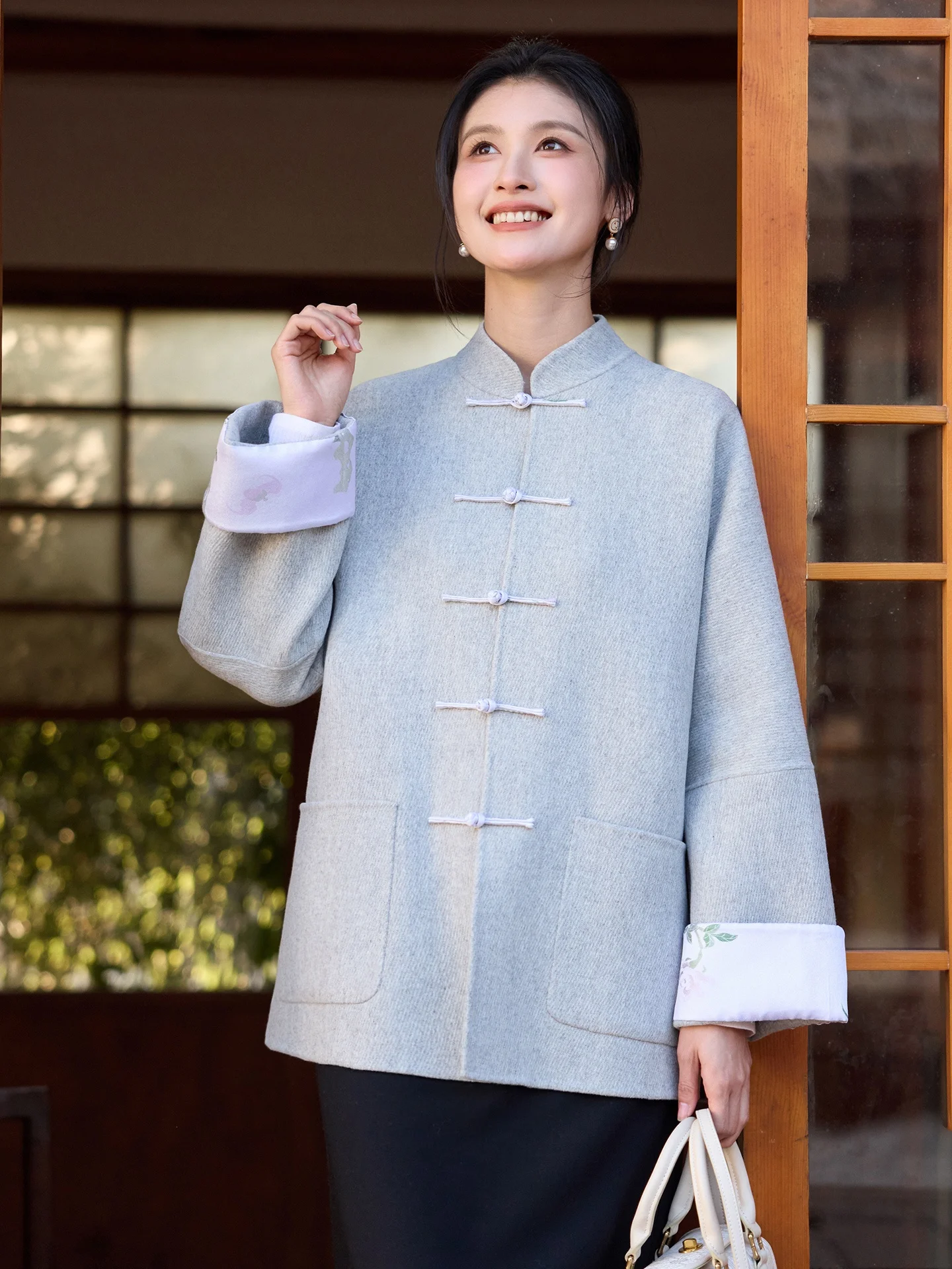 

Philota Chinese Sle ort Wool Blend Tweed Coat Women's Button Front Jade Bule Patch Sve Opening Long Sve Top