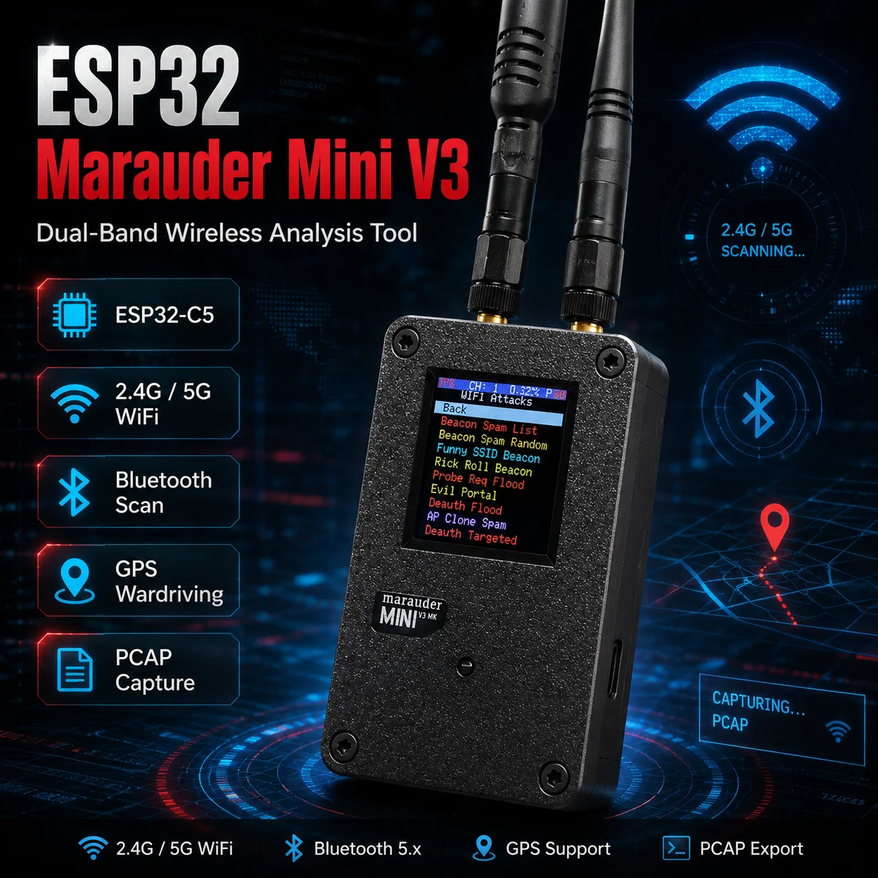 Portable Marauder Mini V3 ESP32-C5 2.4G 5G WiFi Bluetooth GP