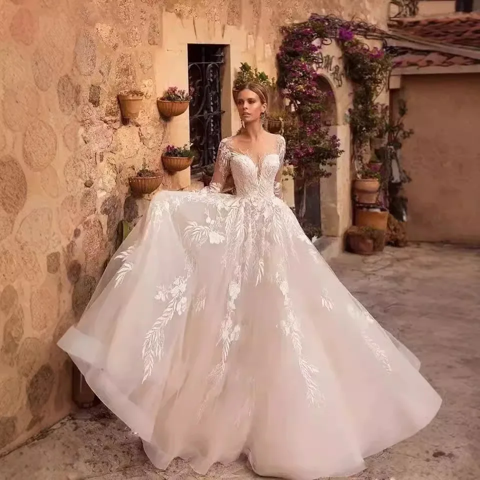 VENSANAC ลึก V คอลูกไม้ Appliques ชุดแต่งงานสายภาพลวงตาแขนยาว Sweep Train ชุดเจ้าสาว