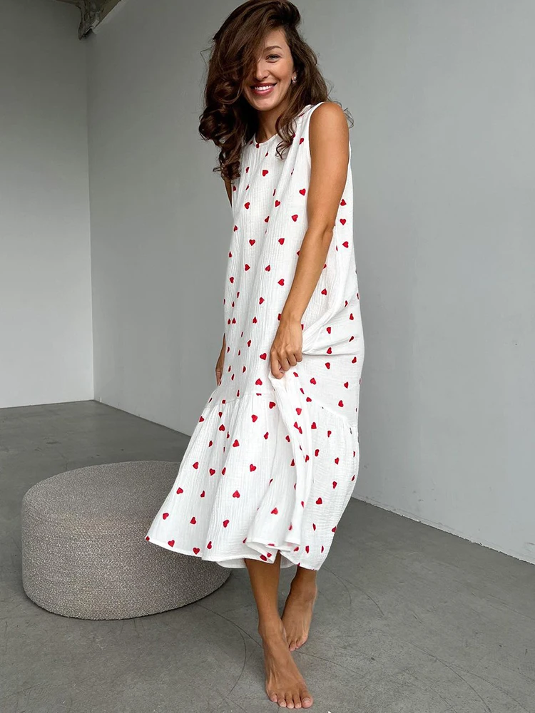 Hiloc Love Print Cotton Pajamas Dress Mid-Calf Women\'s Night Peignoir O Neck Sleeveless Night Gown Spring 2024 Elegant Dresses