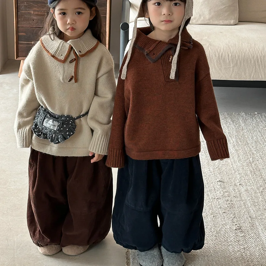 الأطفال السراويل 2025 شتاء جديد سروال قصير واسعة الساق للبنين والبنات الرجعية بناطيل كاجوال 80-140 سنتيمتر