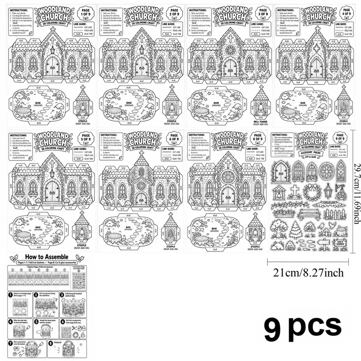 Origami Church House Paper Craft Kit, 8PCS Woodland Church Coloring Crafts, DIY Cut Fold Handmade Church Decorations for Adults