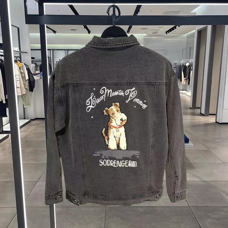 

Spring Autumn Men's Faion Dog Embroidery Casual Collar Waed Denim Jaet Trendy American Workwear Coat Stand Fit Youth...