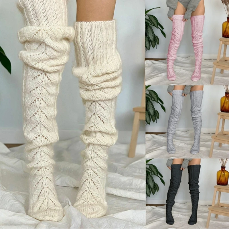 

YUYU Acrylic Hollowed Knitted Over Knee Socks for Women Winter Thigh High Stockings