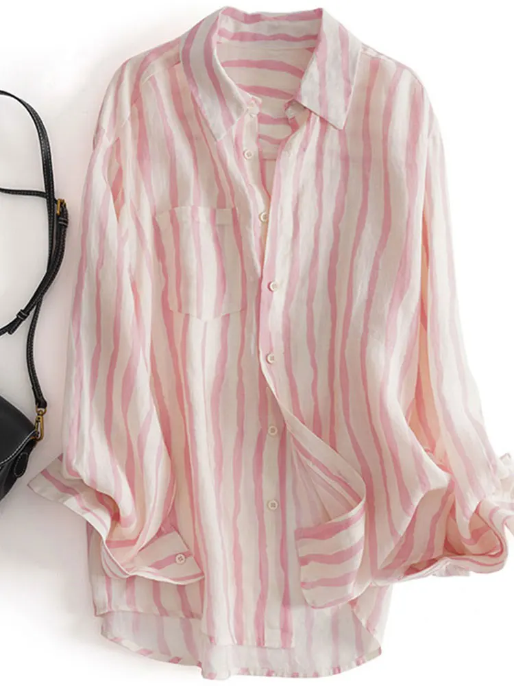 

Casual Striped Color Blo Long Sve irt Women's Faionable Lazy Sle Outerwear Top Spring 2025 New Arrival Poetic Lin