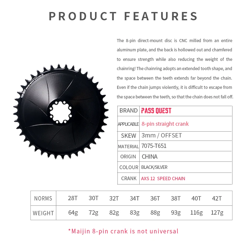 PASS QUEST 3mm Offset 8-Bolt AERO Chainring 28T-42T Closed Chainwheel for SRAM FORCE 8-Bolt DUB AXS 12 Speed Sprocket