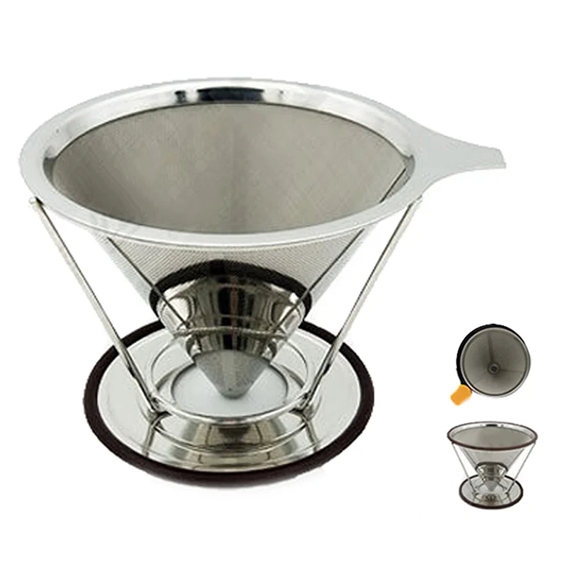 Cone Coffee Filter With Stand Stainless Steel Double-deck Filters Ccreen Reusable Pour Over Coffees Maker Dripper Funnel