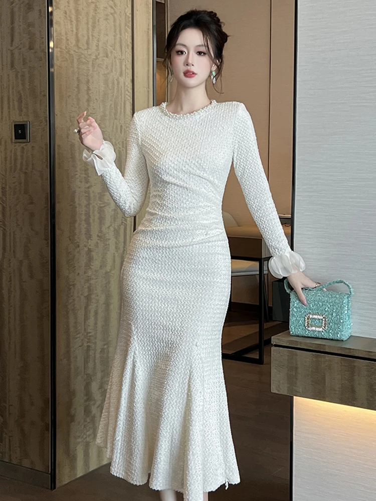 Vestiti delle donne Bianco Perla O-Collo Sottile Midi Abito a coda di pesce Elegante Lady Fashion Party Prom Abiti Robe Occasioni formali Casual