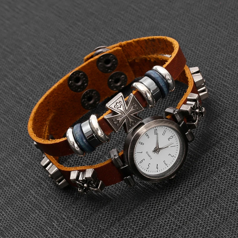 Unisex Vintage Punk Quartz Watch with Leather Strap And Snap Button Bracelet Hip Hop Streetwear Fashion Accessory for Men
