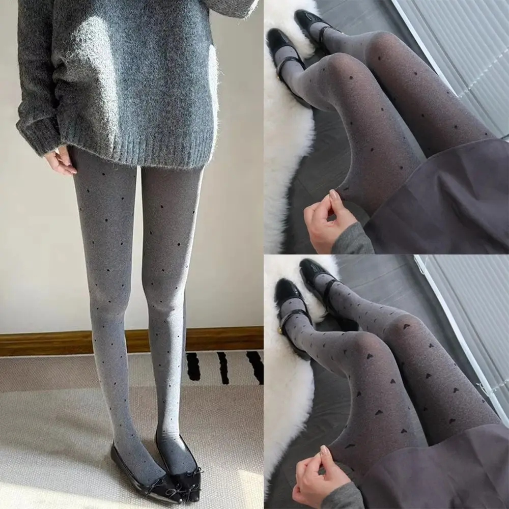 Sexy Grey Polka Dot Tights Elastic Good Stretch Pantyhose Polka Dot Heart Pattern Slim Fit Body Stockings Autumn & Winter