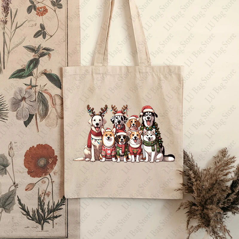 Christmas Dogs Pattern Tote Bag Canvas Shoulder Bag Women\'s Reusable Shopping Bags Best Gift for Xmas Dog Lover Christmas Gift