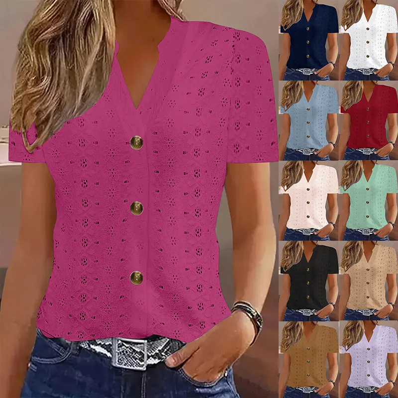 

Весна и лето 2024, новая женская одежда, модная повседневная однотонная футболка на пуговицах с v-образным вырезом и короткими рукавами, Европа и Америка