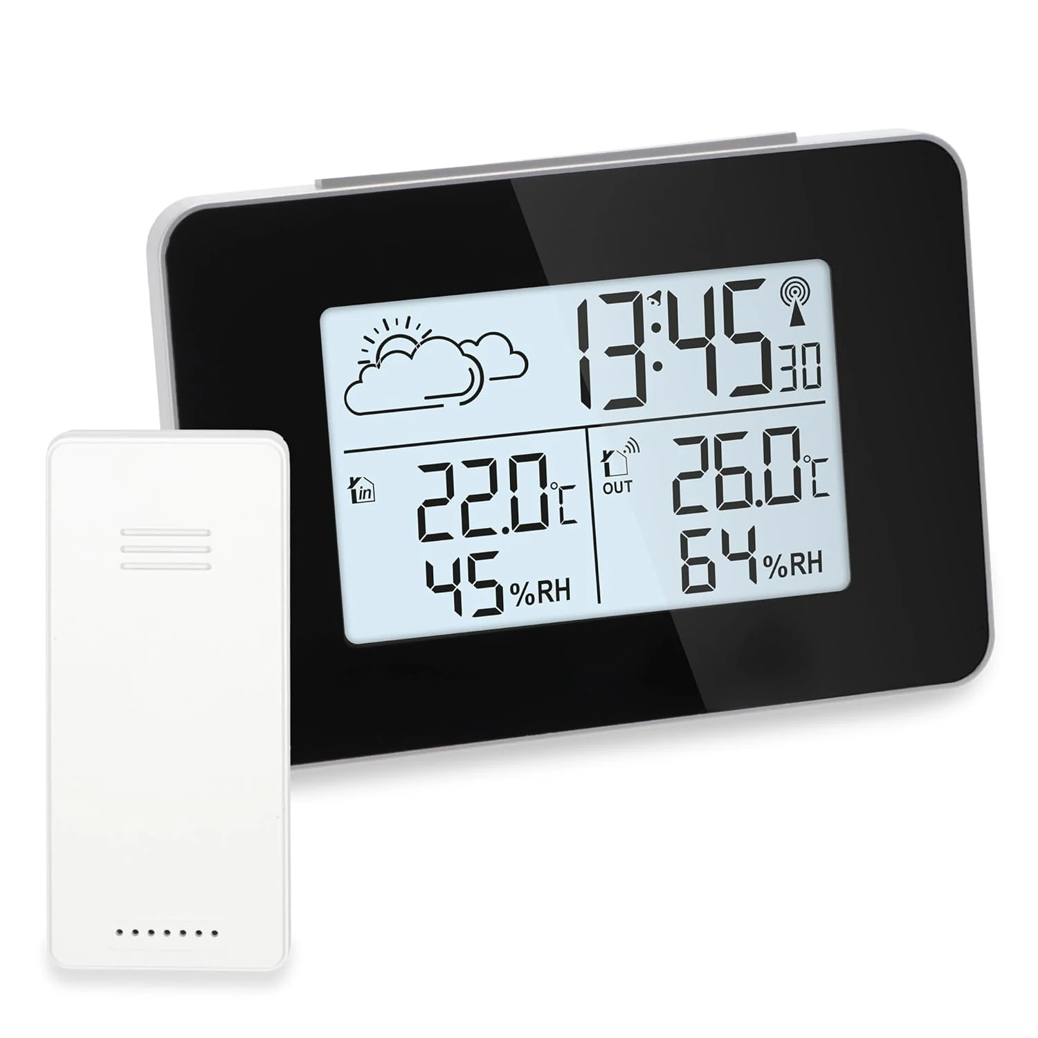 Horloge numérique sans fil avec station météo, thermomètre et hygromètre intérieur/extérieur, capteur d'humidité, radio-réveil avec écran LCD, fonction heure et fonction snooze pour bureau/chambre.