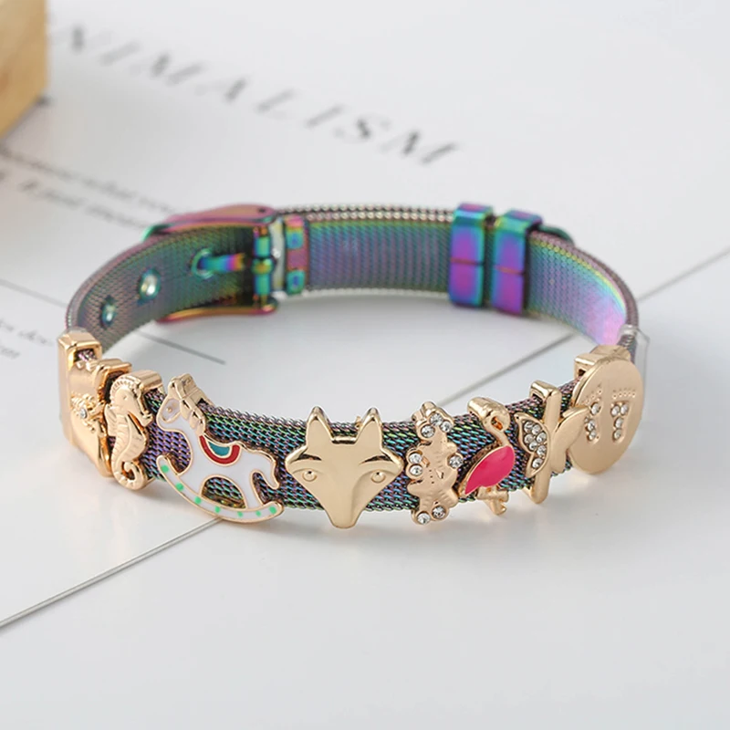 High Quality Animal Series Lovely Fox Zebra Crane Charm Slide Beads Colorful Stainless Steel Mesh Bracelets For Women Jewelry