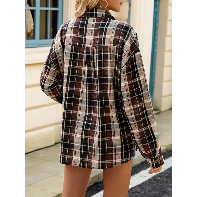 AOAO-Camicie da donna in flanella abbottonata con maniche lunghe e bottoni scozzesi, camicetta casual da lavoro