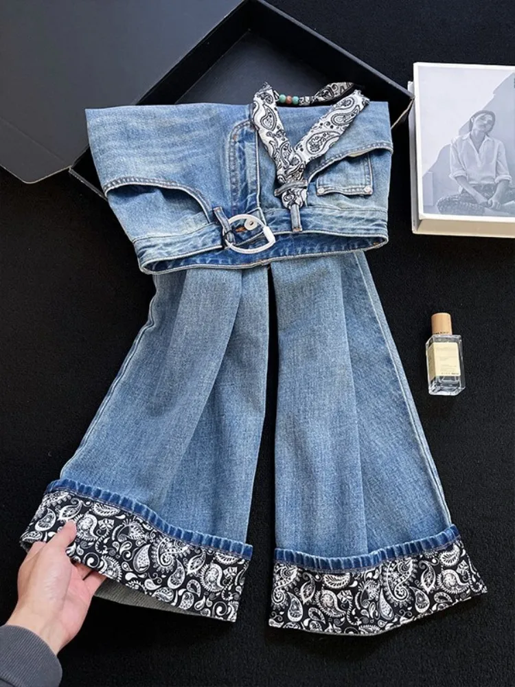 Blue Retro Printed Spliced Women Jeans Autumn New Straight-leg Pants High Waist Office Lady Denim Trousers Full Length Hot Sale