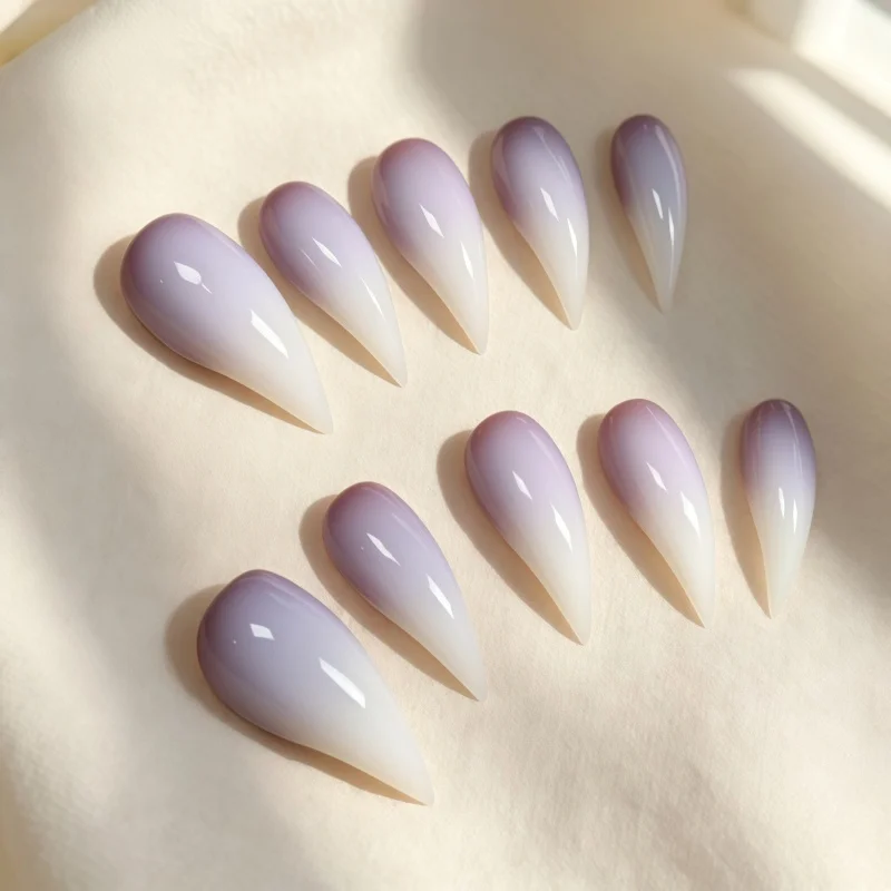 2026New 10PCS Sheer Jelly Pale Purple Fade Milky White Stiletto False Nails Glossy Gradient Long Tapered Point Press On Nail Set