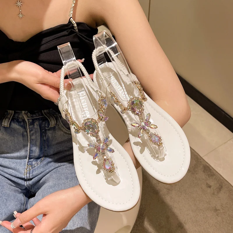 Feminine Elastic Band Sandals Flip Flops Flats Rhinestone Shoes Summer Open Toe Plus Size 42 Sandals for Women Low Heels Shoes