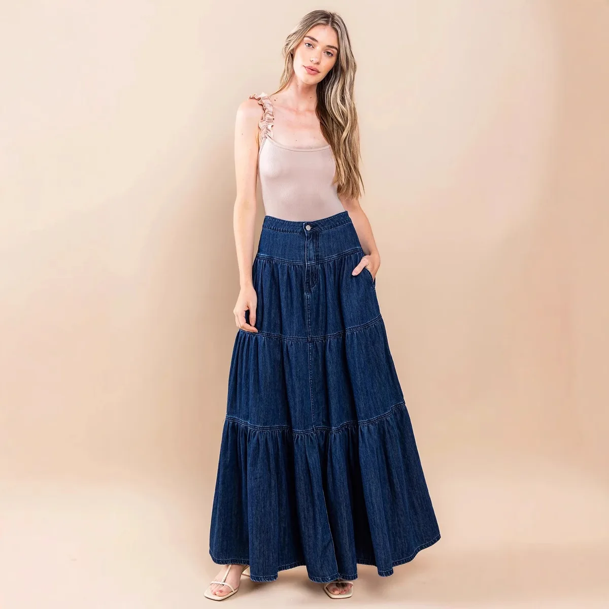 Street Sle Low Waist Denim  Skirt Women Casual Cake Design A-Line Skirts Spring Summer Faion High Waist Long Skirts