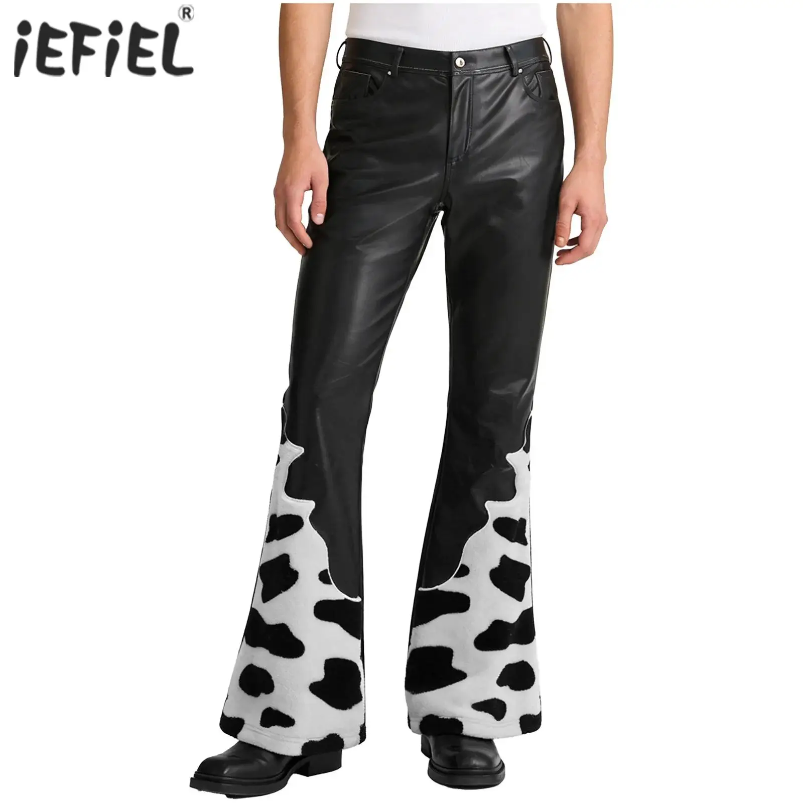 

Mens Bell Bottom Long Pants Cowboy Flared Pants Legs Cow-spot Print Flannel Patchwork PU Leather Western Trouser Vintage Costume