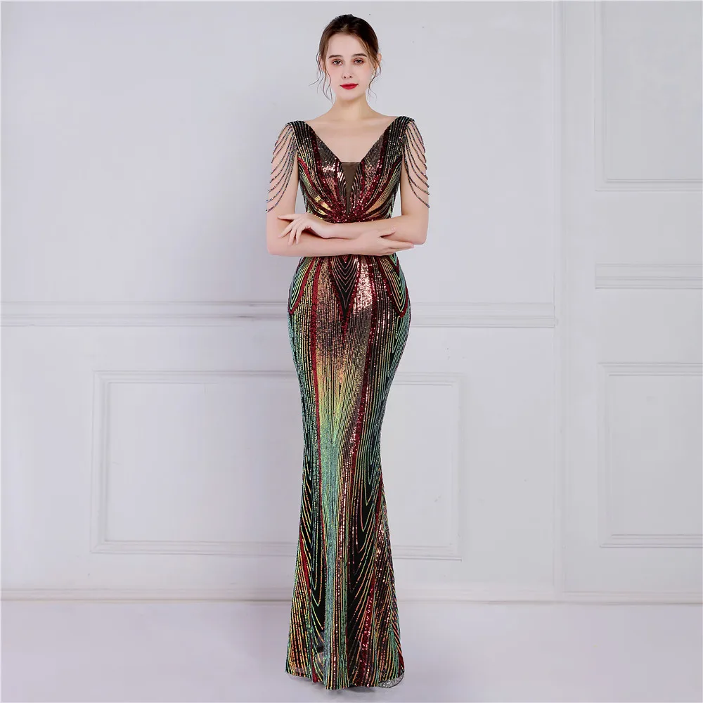 DEERVEADO Green Sequin Long Evening Dress 2024 Luxury Beading Formal Dress Women Elegant Evening Gown Chic Woman Maxi Dress