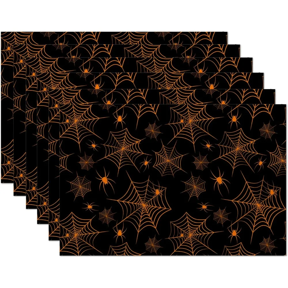 Halloween Placemats Set Of 6,Spider Web Spider Place Mats Heat Resistant Washable Non-Slip Table Mats For Party Kitchen Dining D