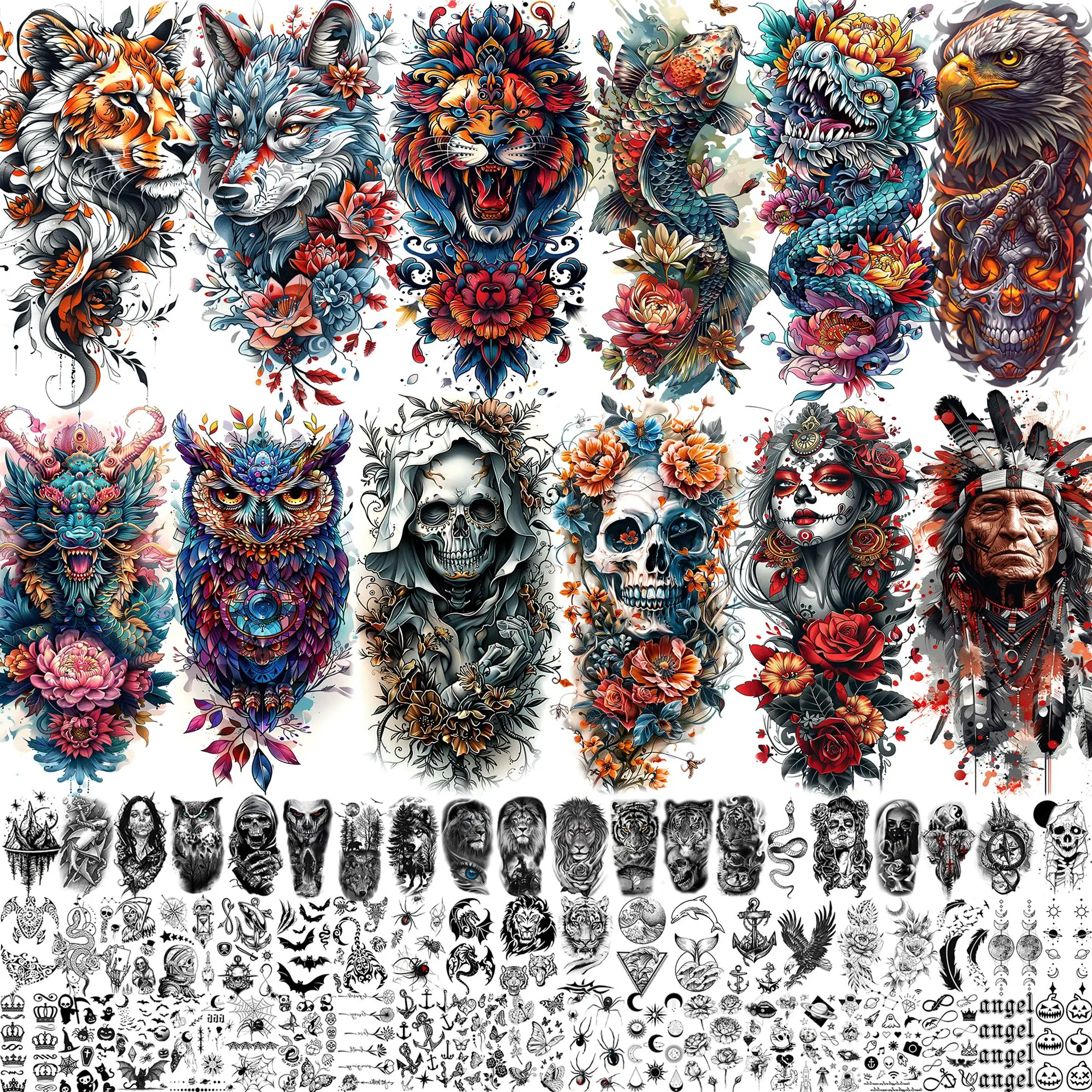 

71 листов череп, лев, дракон, цветы, временные татуировки для взрослых, старая школа, поддельные татуировки, наклейки, тигр, волк, температура, татуировки, боди-арт