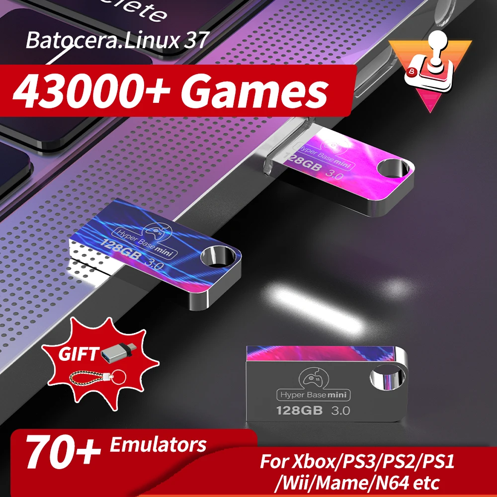 

Hyper Base MINI 128GB USB 3.0 Retro Game Disk Batocera 37 with 43000+ Games 70+ Emulators for Xbox/PS3/PS2/PS1/Wii/N64 Plug&Play