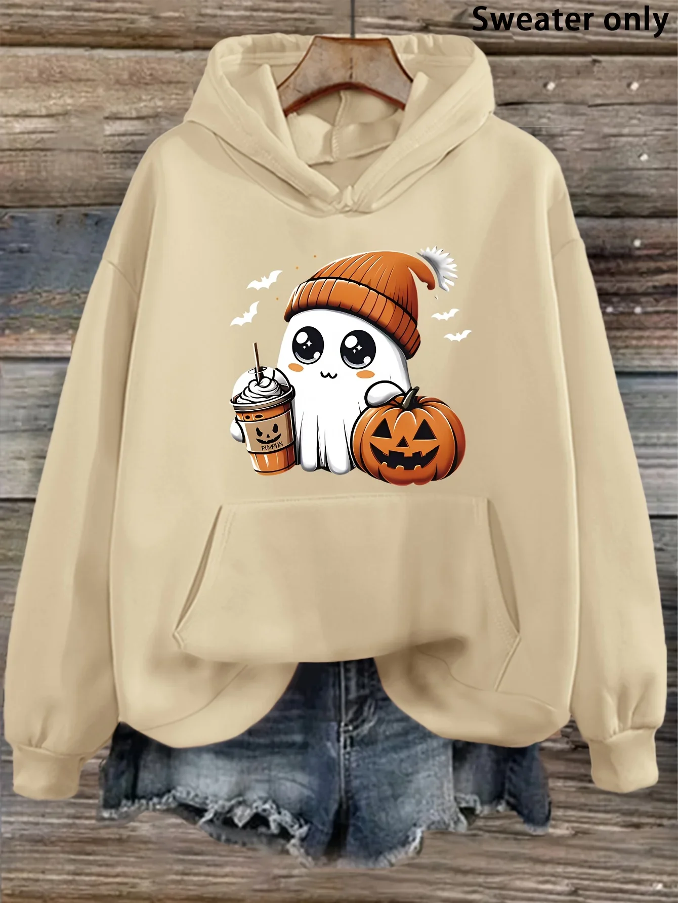 Cute Beanie Ghost Pumpkin Coffee Bat Print Hoodie Plus Size Unisex Loose Long Sleeve Pullover Halloween Casual Hooded Sweatshirt