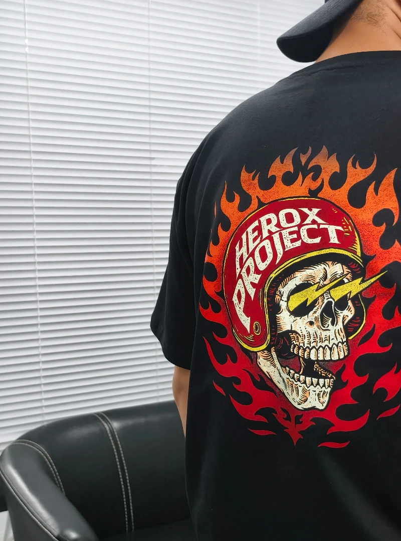 Harley Classic Vintage Fire Skull Lightning Eye Motorcycle Harley Cotton Printed Short Sleeve T-shirt for Men and Women