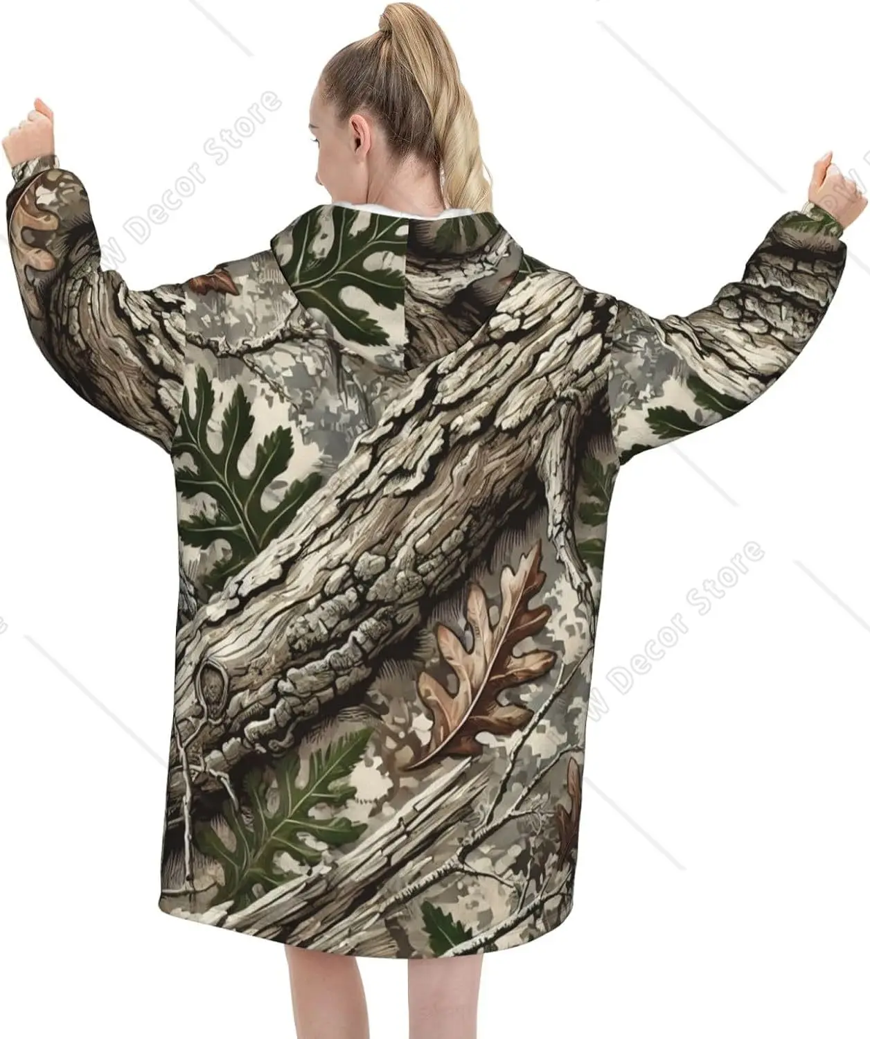 Oversized Adult Long Sleeve Flannel Hoodie Blanket Camouflage Tree Bark Texture Soft Fuzzy Hooded Sweatshirt Lounging Pullover
