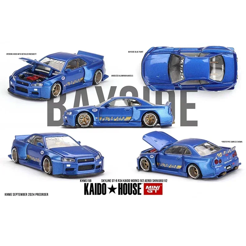 1:64 KHMG158 Skyline GTR R34 Kaido Works V2 Aero SHINJUKU V2 Openable Hood Diecast Car Model MINIGT Kaido House