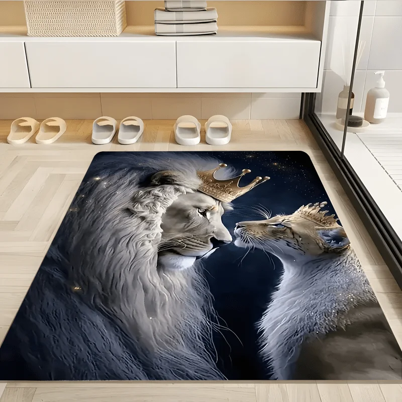 White Lion King Flannel Rug Golden Crown Area Carpet Soft Non-slip Floor Mat for Living Room Bedroom Home Decor