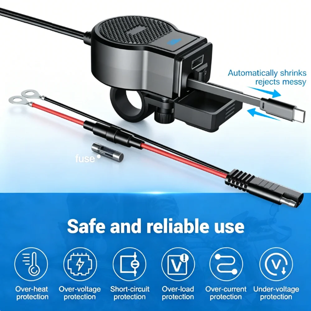 Dual Port Type C+QC3.0 Motorcycle Fast Charger Power Adapter Socket 12V Waterproof with Retractable Cable & Switch & Voltmeter view 4