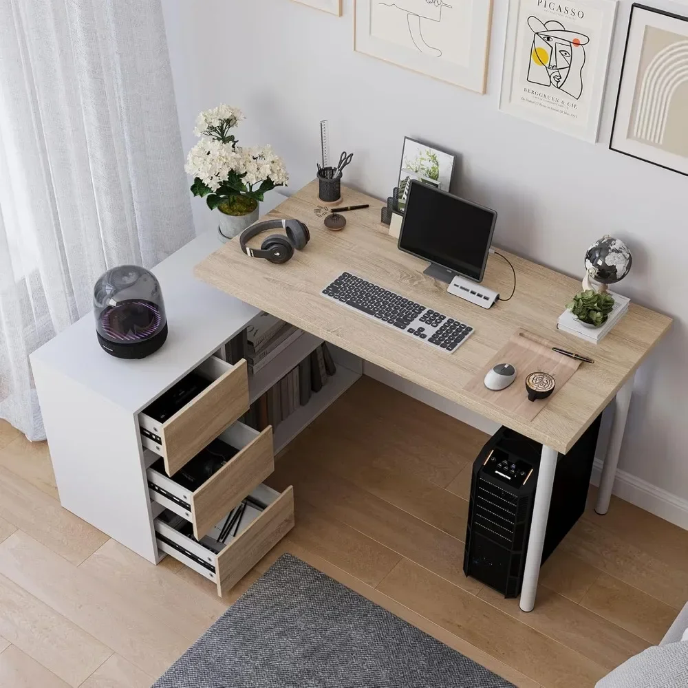 L Shape Computer Desk with 3 Drawers and 2 Shelves, Home Office Desk Corner Small Desk with Storage Cabinet for Writing Study Ex