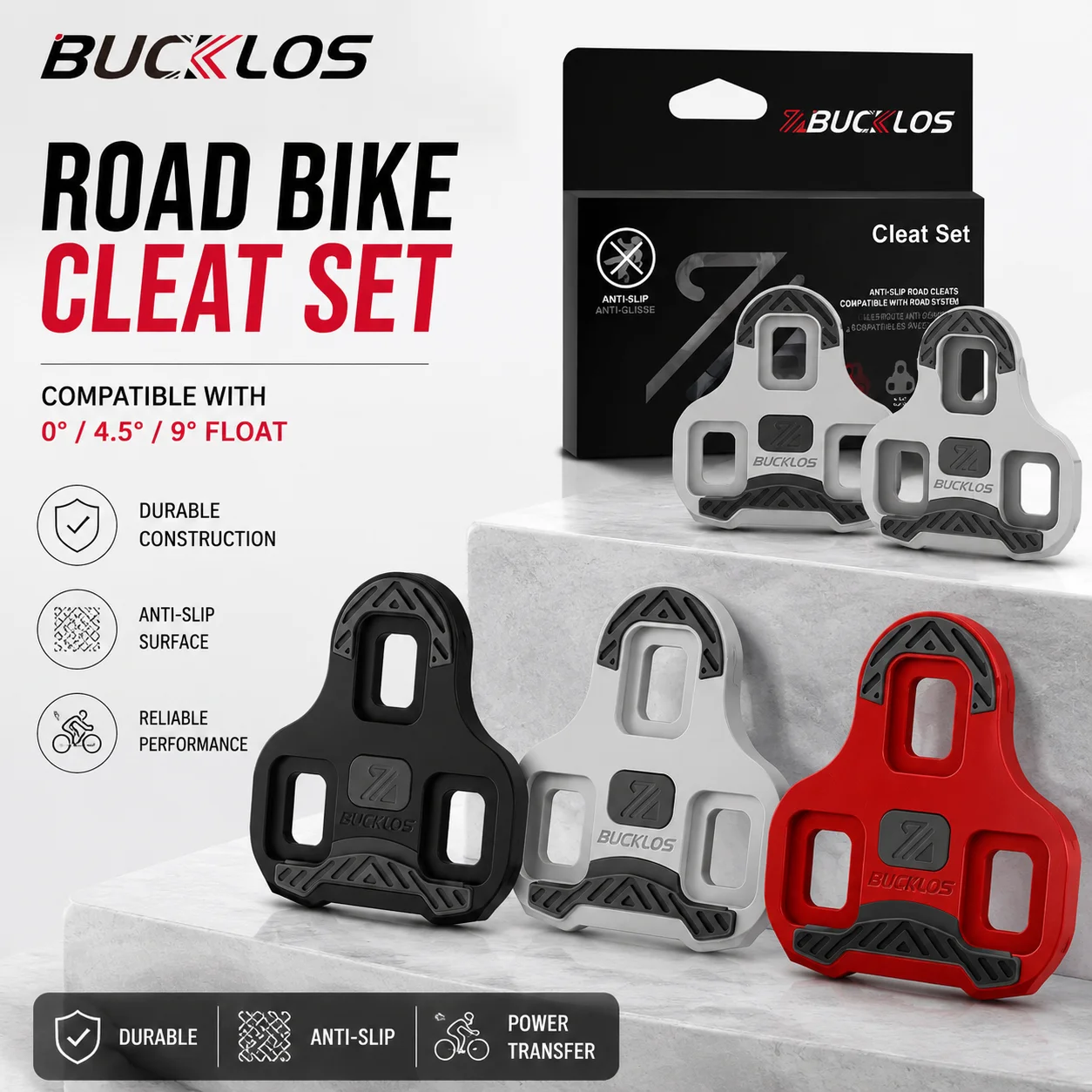 BUCKLOS Road Bike Cleats 0° 4.5° 9° Float Anti-Slip TPU Cycling Shoe Cleat Set Compatible with LOOK KEO Clipless Pedals