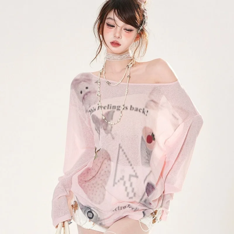 

Wear Printed Thin Mesh Sun Protection Blouse Long-sleeved T-shirt Loose Top Personalized and Versatile Pullover