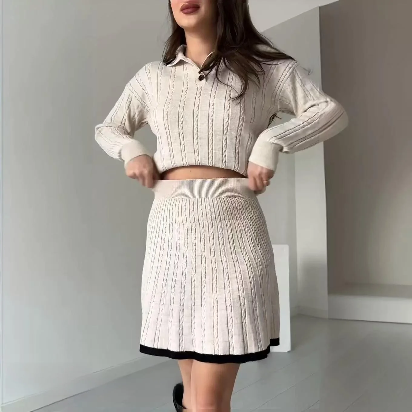 

Модный вязаный топ и юбка Ne, комплект Long Sve Overhead Sle, цветной дизайн, весенняя коллекция, женский костюм