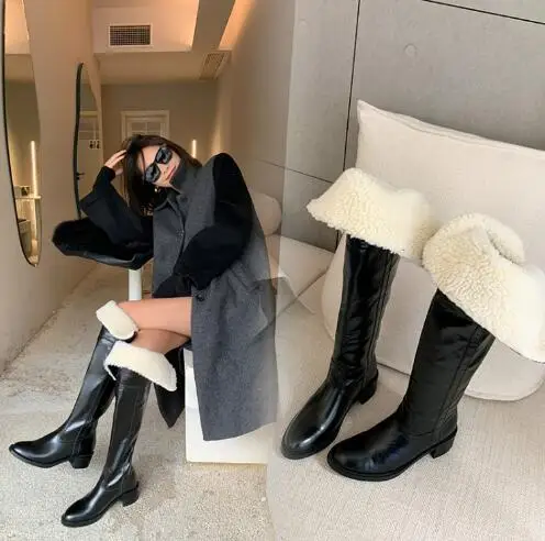 Winter Brown Black Genuine Leather Round Toe Lamb Fur Over The Knee Boots Women Med Heels Tube Slip On Warming Long Boots Shoes