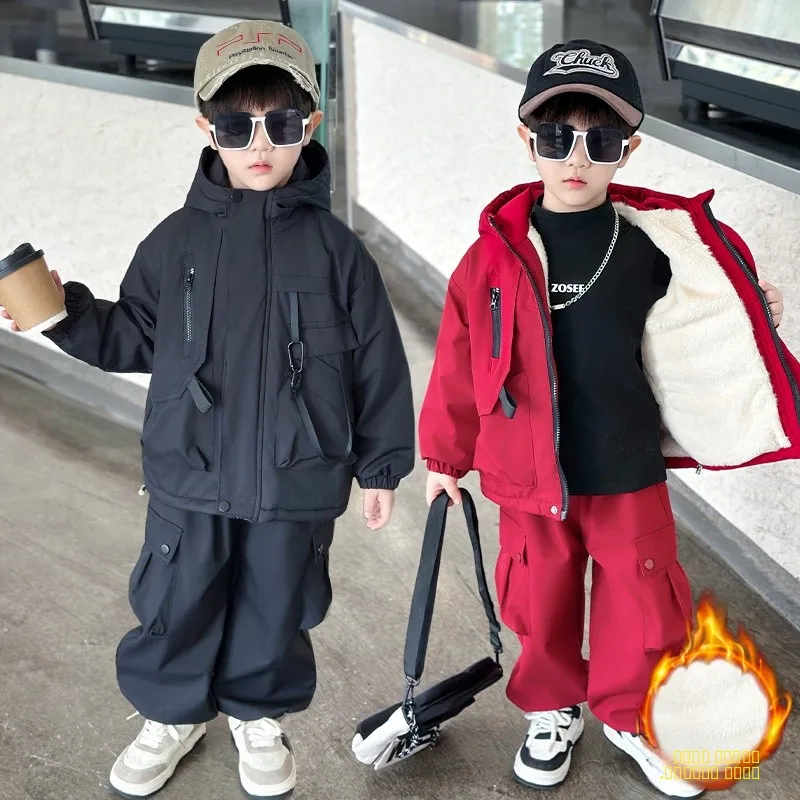 

Thiened Fce Winter Jaet And Pants Set for Boys with Hood Warm Sli Kids Cotton Clothes Two-Piece Suit for Children