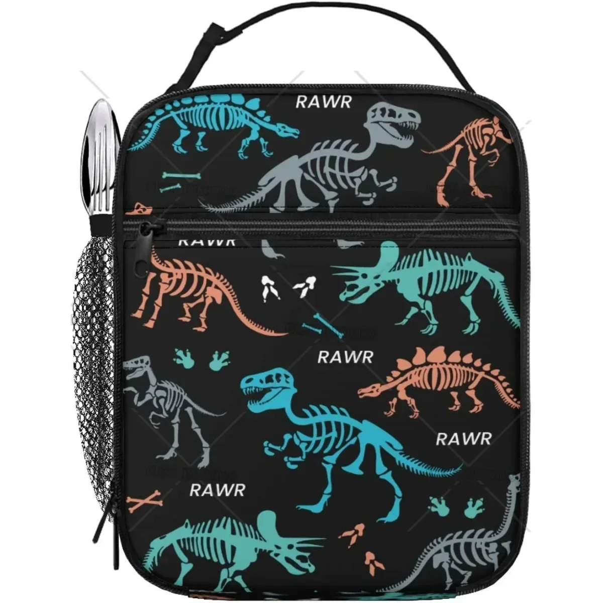 Colorful Dinosaurs Skeleton Insulated Lunch Bag Reusable Black Lunch Box Cooler Tote Lunchbag for Kids Teens Adult Work Picnic