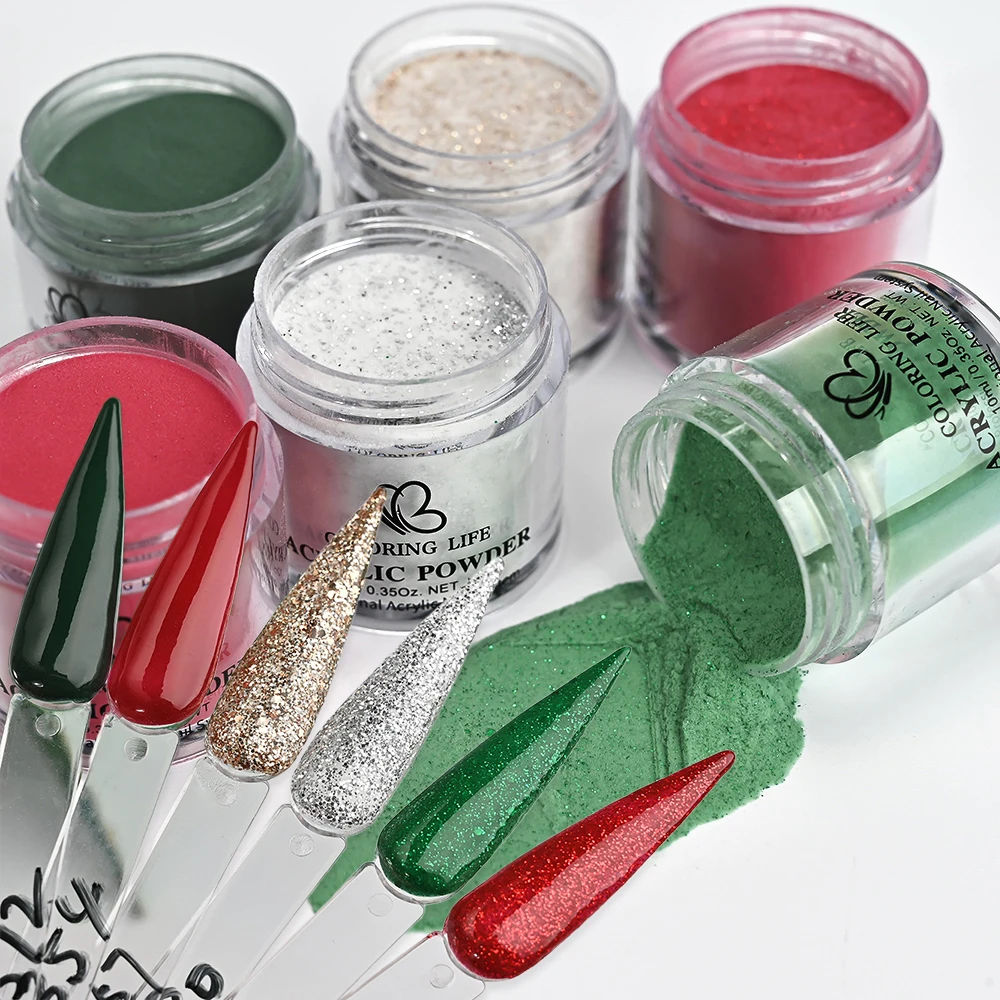 6pcs Gold/Red/Green Christmas Acrylic Nail Powders set with Glitters Sequins Professional Acrylic Powder Nail Extension Supplies